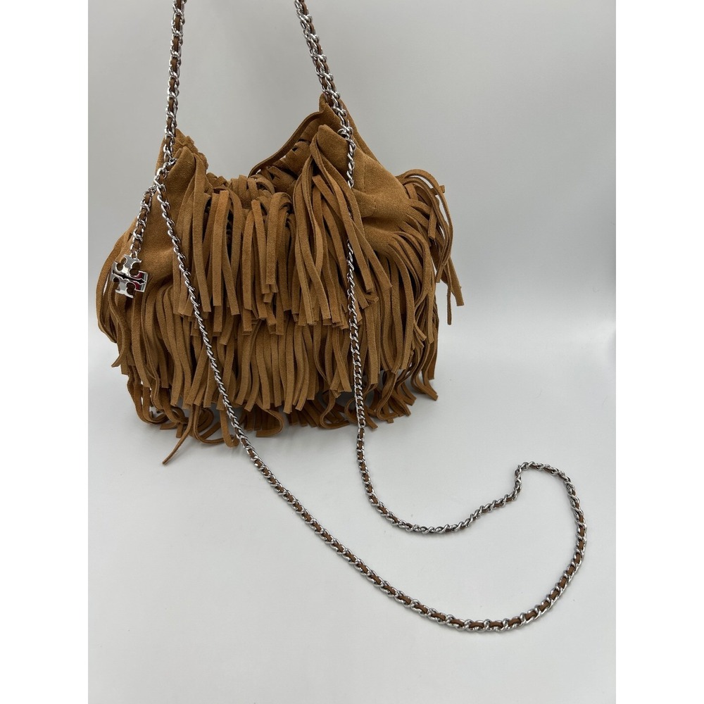 Tory Burch Mini Fleming Suede Fringe Hobo Bag Wild Tobacco Brown Silver Chain - Picture 2 of 11